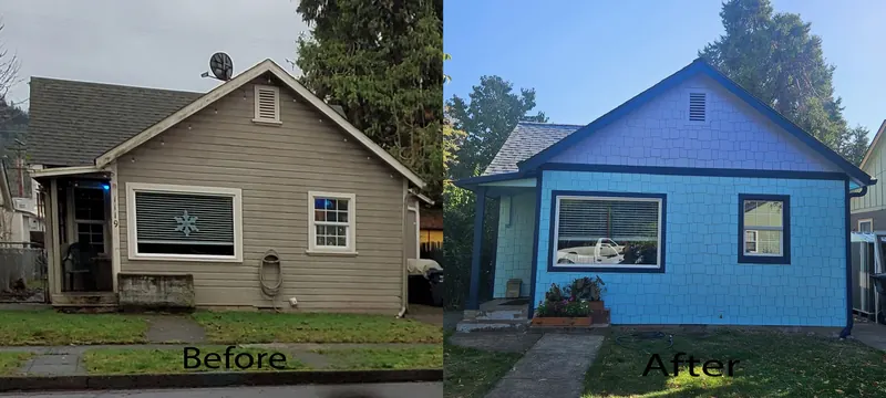 Before and after: a tan bungalow re-sided and painted bright blue