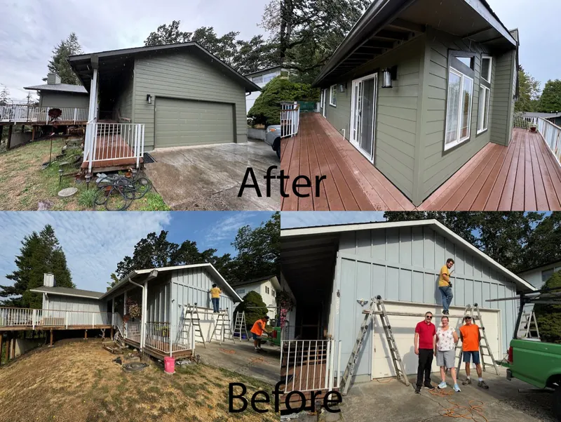 Before and after: a home re-sided in sage green with a refinished deck