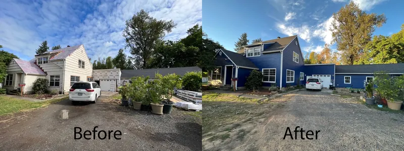 Before and after: a white house with a rear addition, re-sided in deep blue
