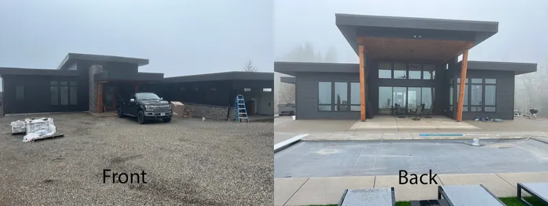 Front and back of a modern flat-roof home during construction